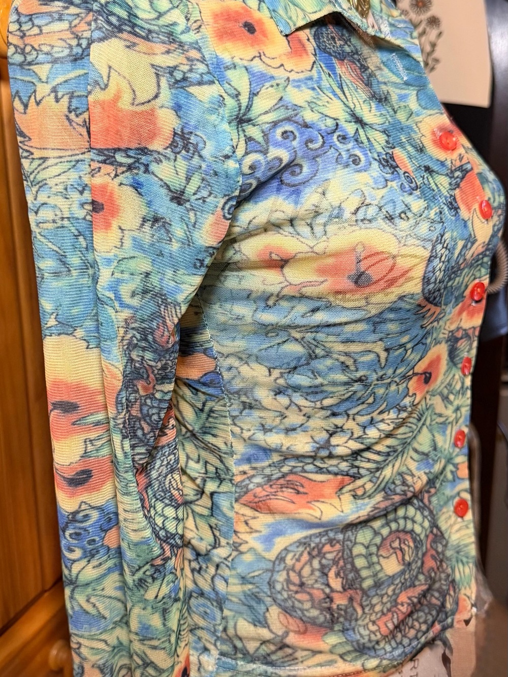 Floral Button-Down Mesh Shirt in Aqua and Coral - Picture 4 of 5